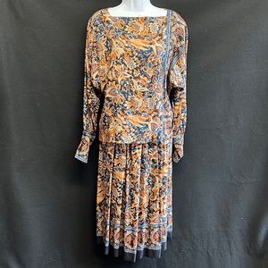 VTG Bill Haire 2 Piece Skirt Blouse Set Orange Blue Floral Paisley Boho Size 10